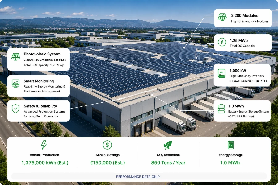 1.25 MW commercial and industrial rooftop solar PV system installed on a modern warehouse facility, featuring high-efficiency solar modules, battery energy storage, smart energy monitoring, and long-term energy savings for sustainable business operations by Splendor Energy.