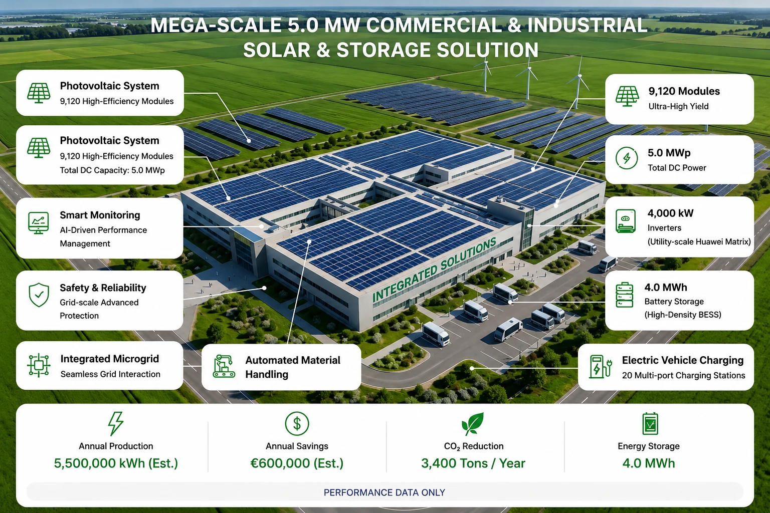 5.0 MW commercial and industrial solar PV system featuring large-scale rooftop solar installations, utility-scale battery energy storage, smart energy management, EV charging infrastructure, and integrated renewable energy solutions for sustainable industrial and business operations by Splendor Energy.