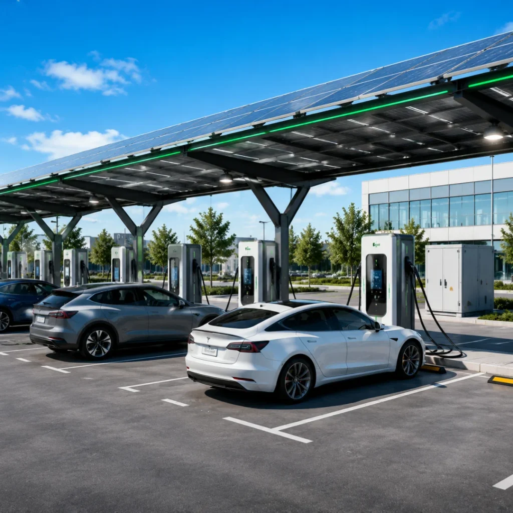 Commercial EV charging station featuring high-power DC fast chargers, scalable AC and DC EV charging infrastructure (7kW–1440kW), smart energy management, optional solar PV integration, modular battery energy storage systems (BESS), intelligent power distribution, and modern commercial parking facilities designed for fleet, retail, industrial, and public EV charging applications.