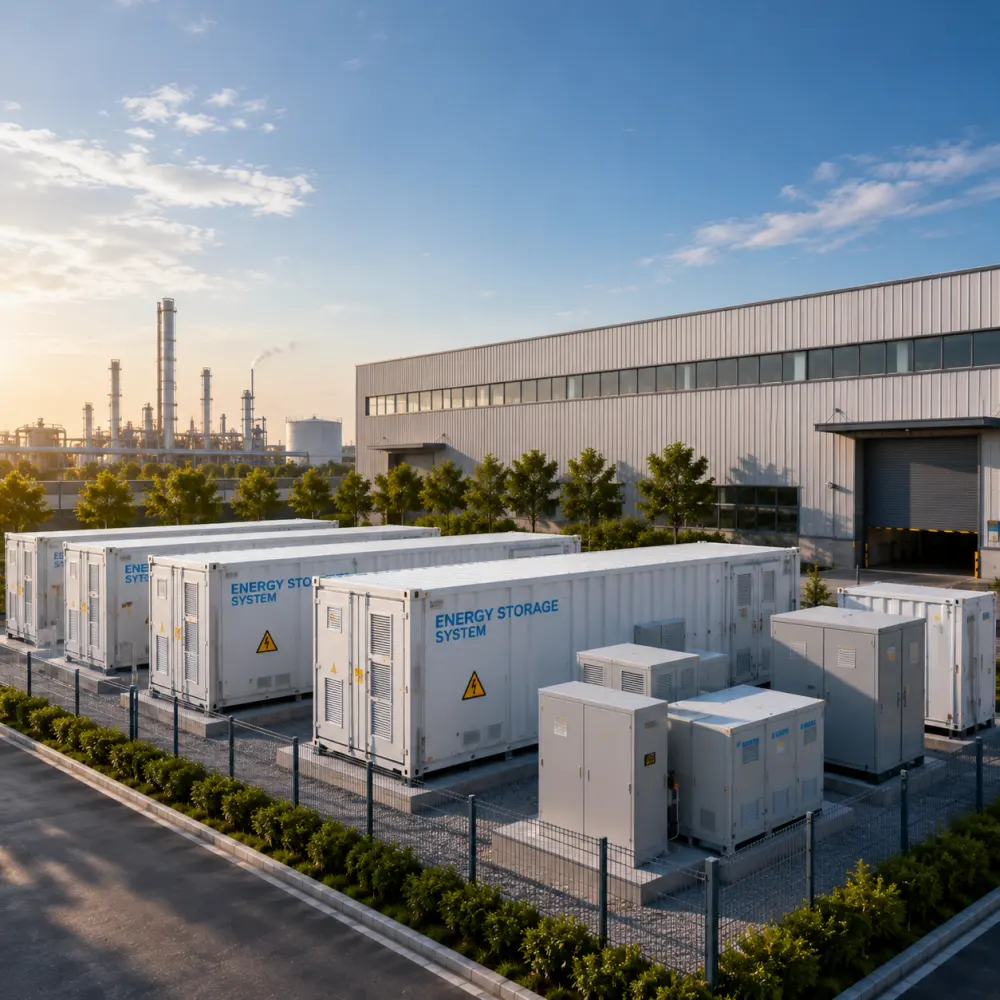 Industrial-scale modular Battery Energy Storage System (BESS) installed at a facility for peak shaving, energy cost optimization, and grid-independent power reliability by Splendor Energy.