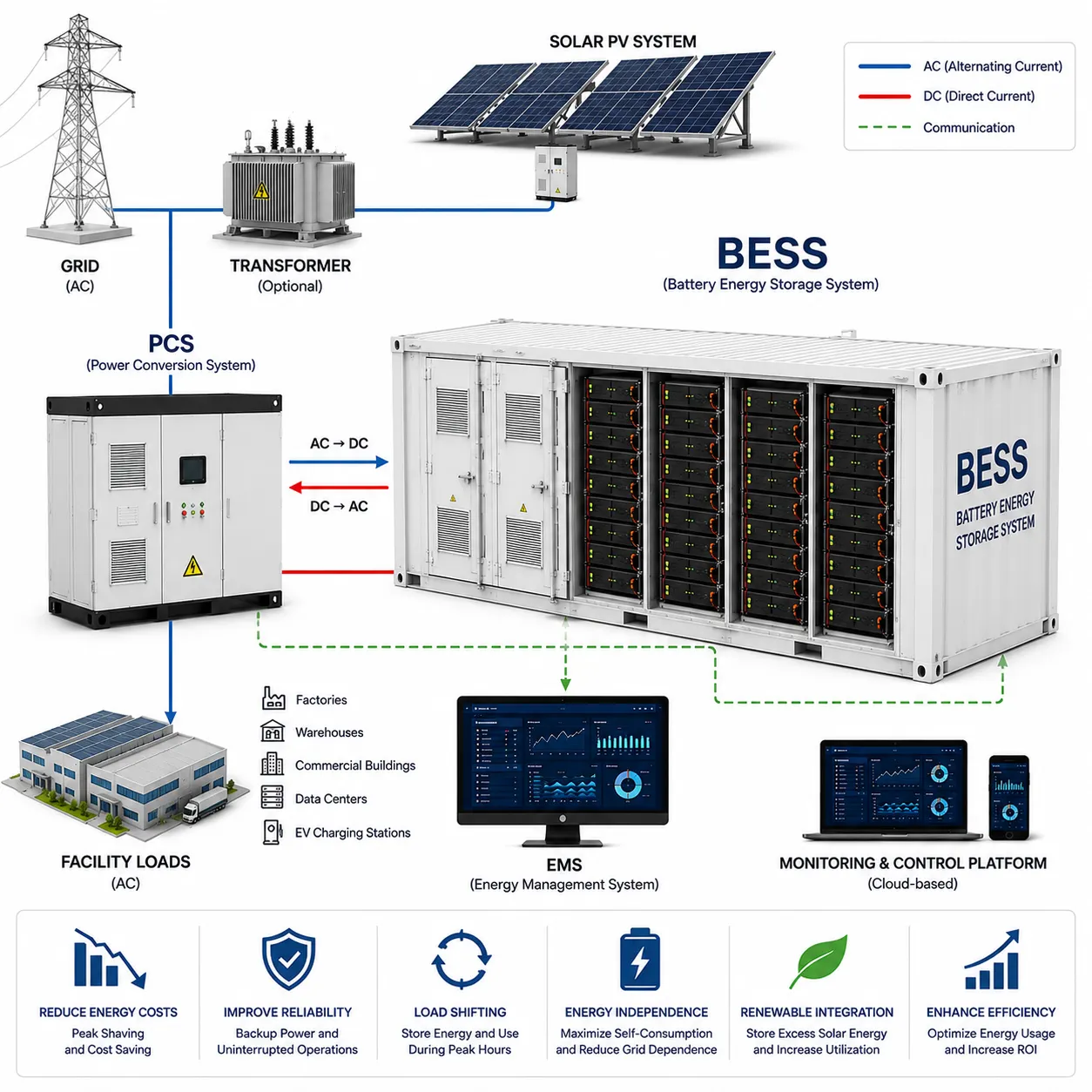 Commercial and industrial battery energy storage system diagram illustrating PCS technology, EMS control platform, grid integration, facility loads, and scalable multi-MWh BESS infrastructure for peak shaving, backup power, load shifting, renewable energy integration, and intelligent energy management in commercial and industrial applications by Splendor Energy