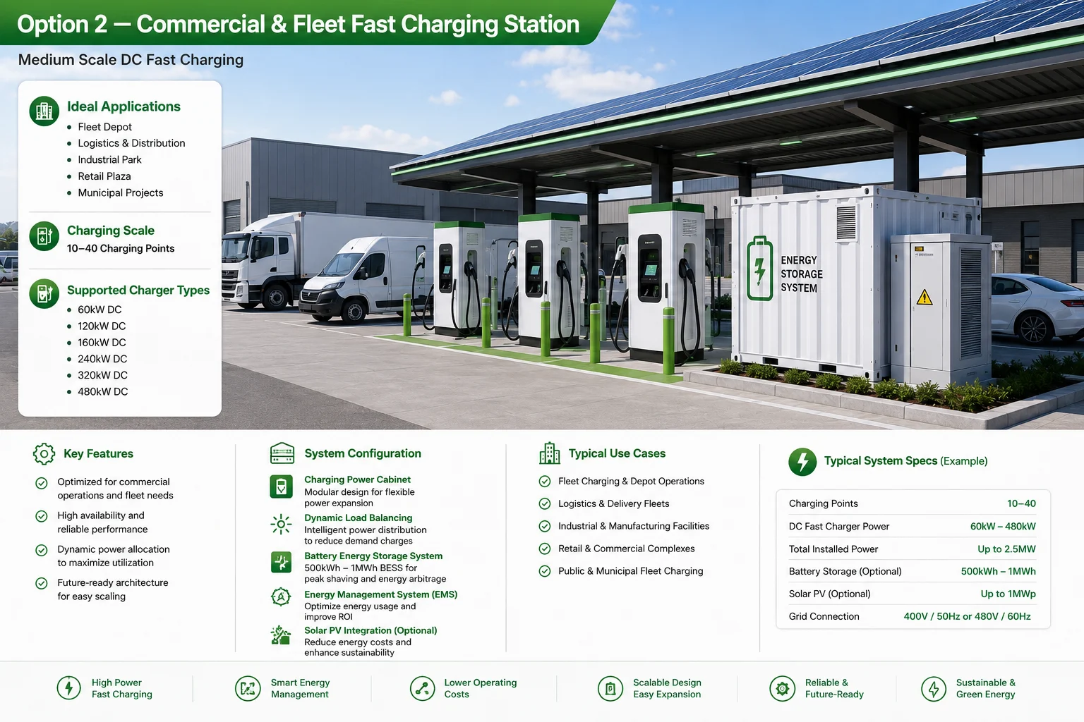 Commercial and Fleet EV Fast Charging Station with 10–40 charging points, supporting high-power DC fast charging infrastructure from 60kW to 480kW+, designed for fleet depots, logistics hubs, commercial parking, and public fast charging networks with scalable EV charging capacity.