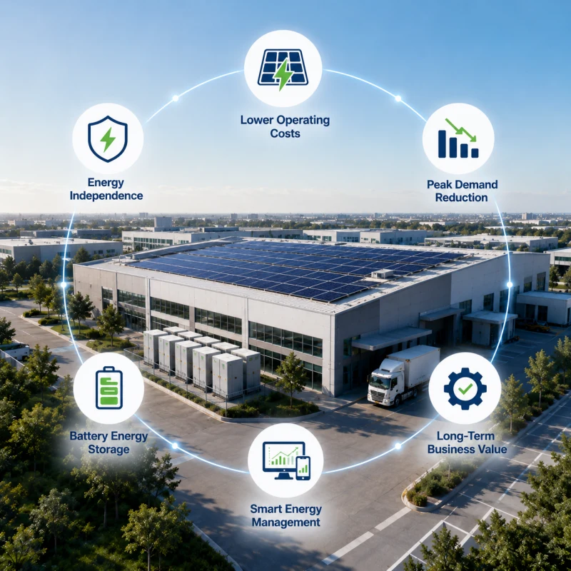Commercial and industrial solar energy solutions featuring rooftop solar PV systems, battery energy storage, smart energy management, energy independence, and peak demand reduction for warehouses, factories, logistics centers, and commercial facilities by Splendor Energy.