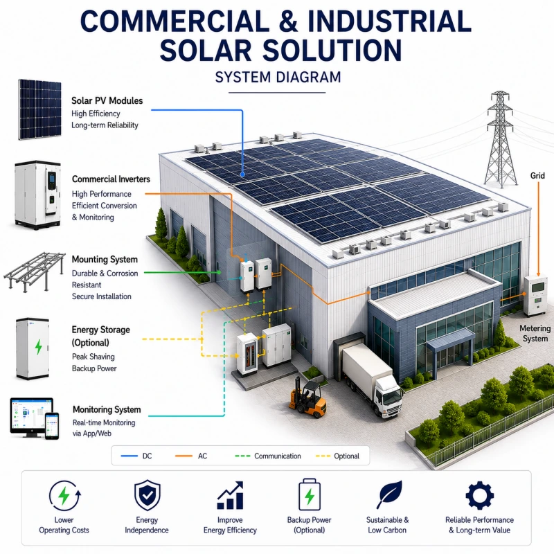 Commercial and industrial solar PV system diagram featuring rooftop solar panels, battery energy storage, smart inverters, mounting systems, grid connection, and energy monitoring solutions for warehouses, factories, and business facilities by Splendor Energy.