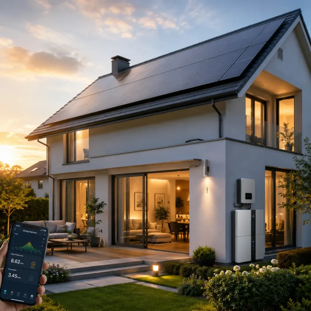 Modern residential solar energy system featuring rooftop solar panels, battery storage system and smart home energy monitoring, highlighting energy independence, lower electricity costs, backup power reliability and sustainable clean energy solutions by Splendor Energy.