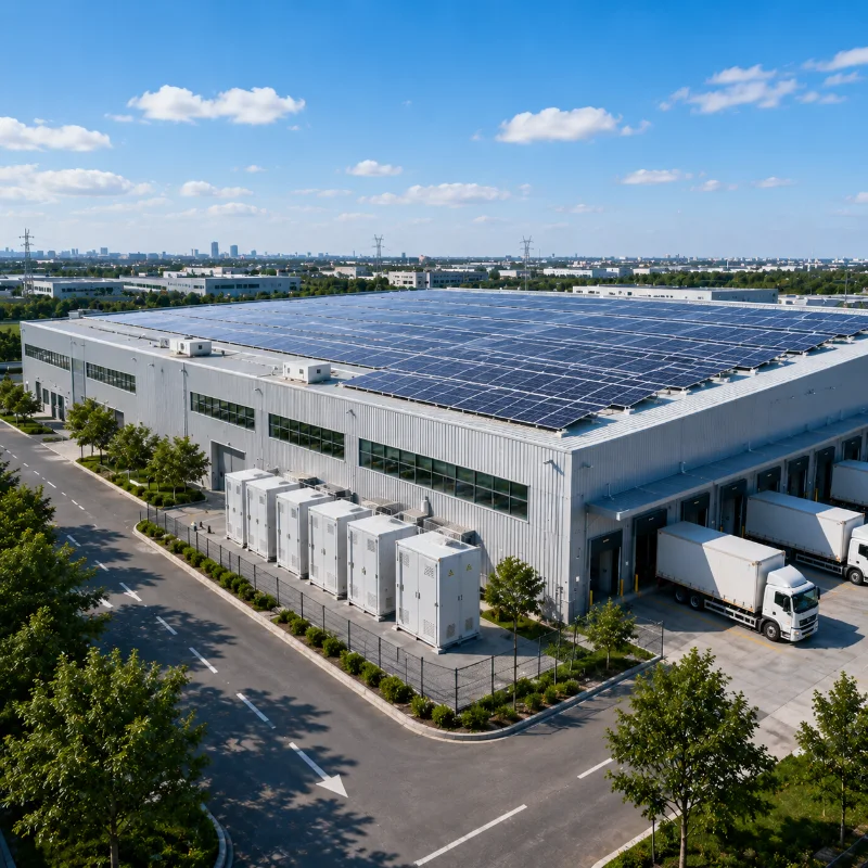 Modern commercial and industrial solar PV facility featuring rooftop solar panels, battery energy storage systems, and integrated energy management infrastructure designed for warehouses, manufacturing plants, logistics centers, and large-scale business operations by Splendor Energy.