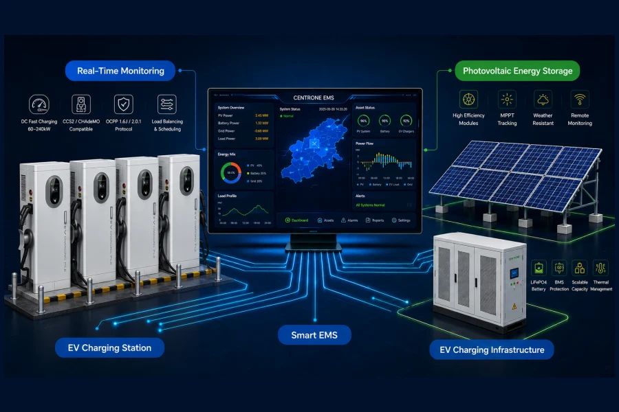 Commercial microgrid energy management system with EMS platform, real-time monitoring dashboard, EV charging stations, battery storage integration, and intelligent energy optimization by Splendor Energy.