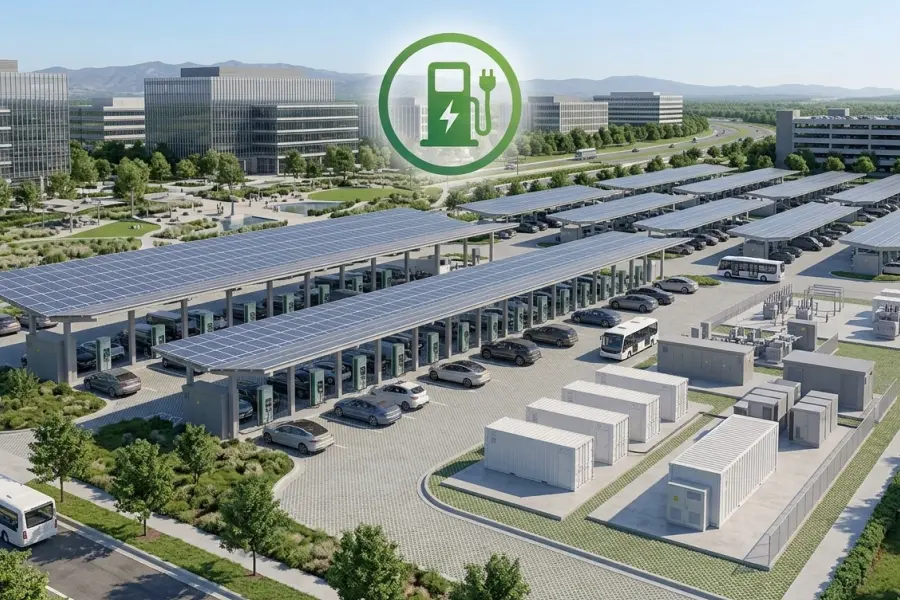 Large Scale EV Charging Hub (40–200+ Charging Points) ultra-fast commercial charging and integrated energy hub system featuring high-power DC ultra-fast chargers, multi-megawatt power distribution infrastructure, containerized transformer stations, advanced energy management system (EMS), and renewable-integrated microgrid architecture designed for highway charging corridors, logistics mega depots, bus and truck electrification hubs, and urban charging complexes, supporting 60kW–350kW+ DC ultra-fast charging and optional MCS (Megawatt Charging System) up to 1MW per dispenser, with total system capacity ranging from 1MW to 10MW+