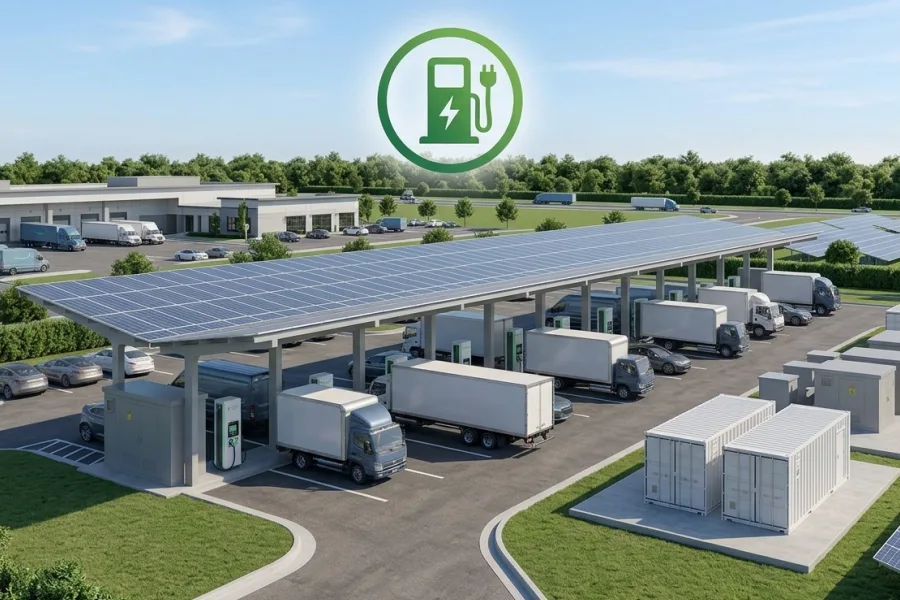 Medium Scale EV Charging Station (10–40 Charging Points) commercial fleet and public fast charging hub with multi-connector DC fast chargers, AC charging units, transformer-integrated power distribution system, intelligent energy management platform, and scalable grid-connected architecture designed for urban charging corridors, fleet depots, logistics hubs, and public charging parking areas, supporting 22kW–44kW AC charging and 60kW–240kW DC fast charging, with total system capacity ranging from 200kW to 2MW+