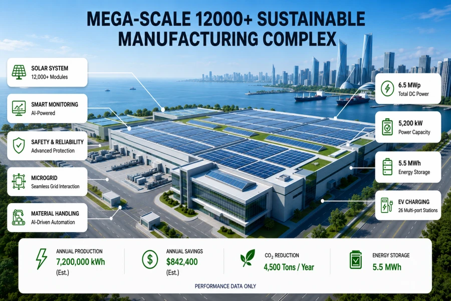 Mega-scale industrial solar energy complex featuring more than 12,000 photovoltaic modules, a 6.5 MWp solar PV system, utility-scale battery energy storage, smart grid integration, and intelligent energy management designed for sustainable manufacturing and industrial operations by Splendor Energy.