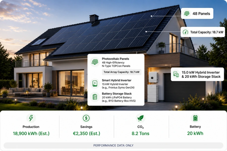 Premium residential solar and energy storage system featuring 18.7 kW high-efficiency solar panels, a 15 kW hybrid inverter, and 20 kWh lithium battery storage for advanced home energy independence by Splendor Energy.