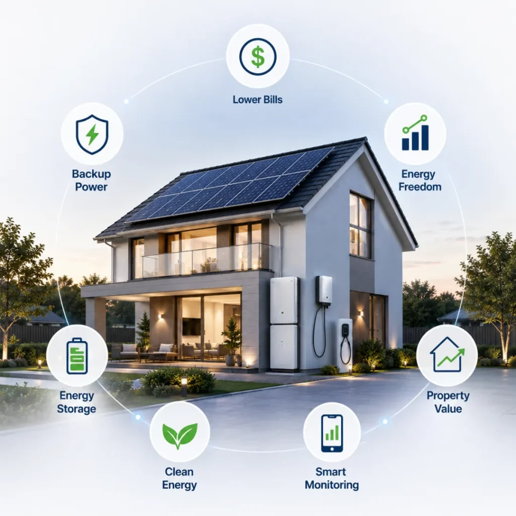 Modern residential solar energy system featuring rooftop solar panels, battery storage, EV charger and smart energy monitoring, highlighting lower electricity bills, energy independence, backup power and sustainable clean energy solutions by Splendor Energy.