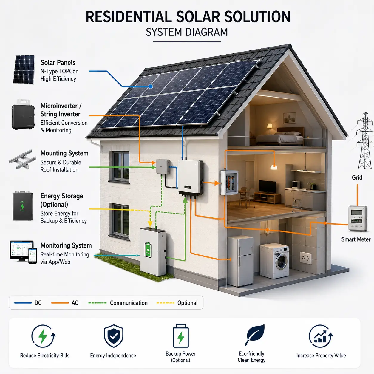 Modern residential solar energy system with rooftop solar panels, smart inverters and battery storage as part of an integrated clean energy solution by Splendor Energy