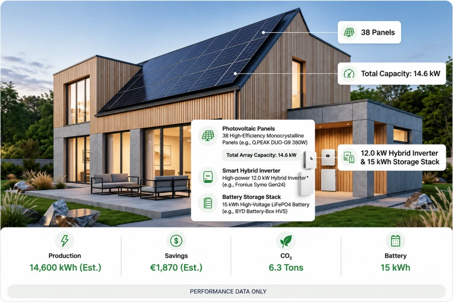 Residential solar panel system featuring a 14.6 kW rooftop solar array and 15 kWh lithium battery storage system for smart home energy management and energy independence.