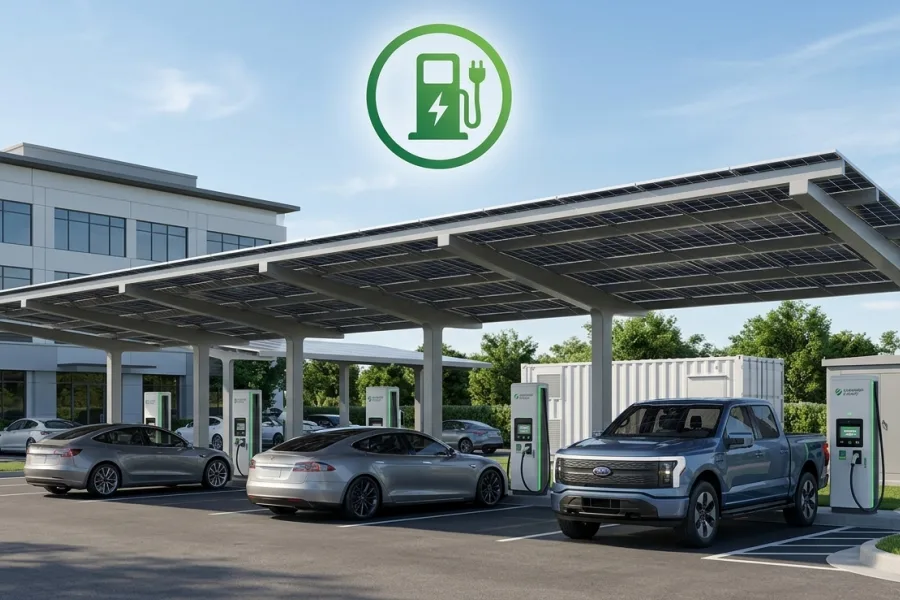 Small Scale EV Charging Station (2–10 Charging Points) featuring destination and commercial electric vehicle charging solutions with AC and DC fast chargers, modular power distribution cabinet, smart energy management system, and compact grid-connected infrastructure designed for retail centers, hotels, office buildings, and parking facilities, supporting 7kW–22kW AC charging and 30kW–120kW DC fast charging, optimized for low-to-medium traffic EV demand scenarios