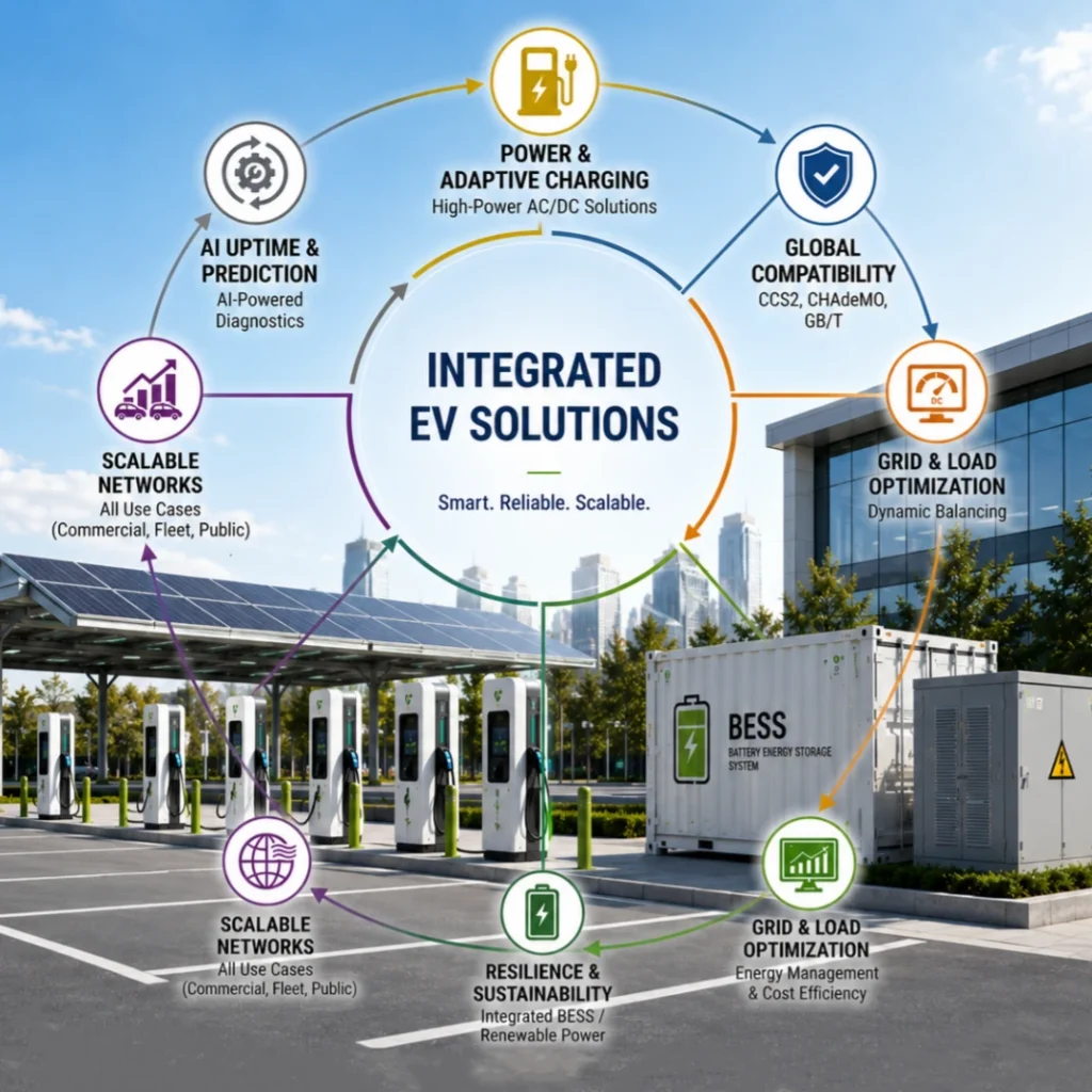 Smart EV Charging and Energy Storage Infrastructure System featuring scalable DC fast charging from 7kW to 1440kW, integrated modular BESS storage from 100kWh to 2MWh, and intelligent grid-connected charging hubs for commercial, industrial, and fleet applications with CCS2 and GB/T compatibility.