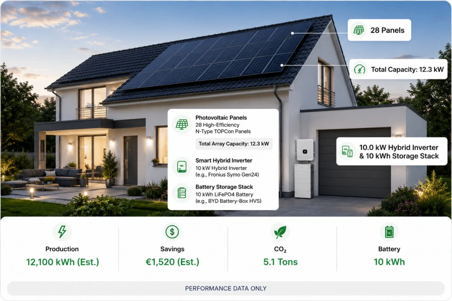 Smart residential solar energy system featuring 12.3 kW N-Type TOPCon solar panels, a 10 kW hybrid inverter, and 10 kWh lithium battery storage for advanced home energy management and energy independence by Splendor Energy.