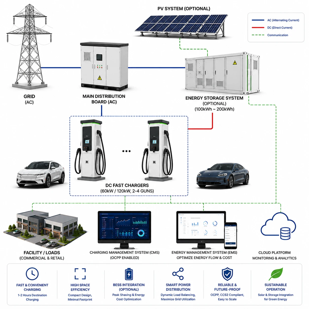 Integrated Tier 1 EV charging hub featuring 60kW–120kW turnkey EPC solution with modular Battery Energy Storage System (BESS), smart grid management, and scalable AC/DC charging infrastructure designed for commercial, industrial, and fleet charging applications.