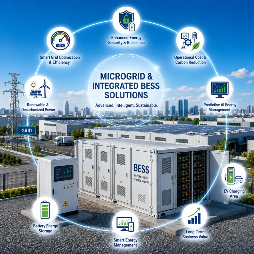 Commercial & Industrial Turnkey BESS containerized energy storage solution with integrated microgrid EPC technology, scalable for modern business applications by Splendor Energy.