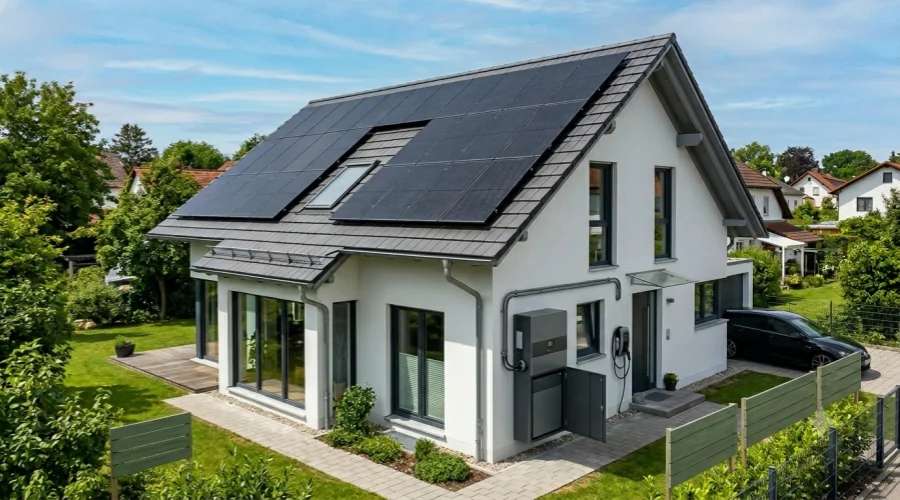 VDE compliant residential solar panels and lithium battery storage system deployment on a modern home in Munich Germany