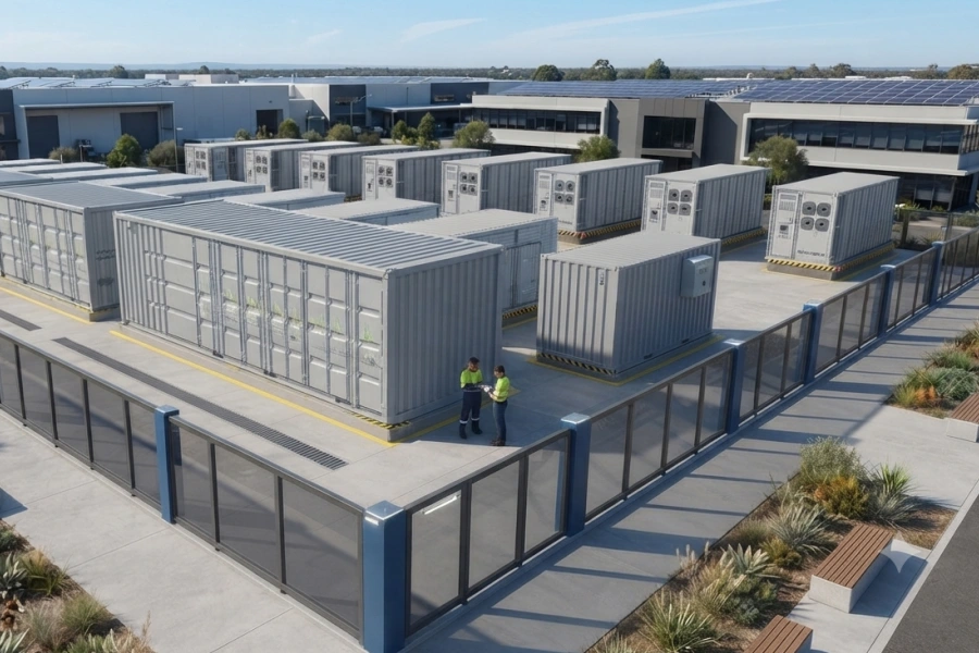 100MWh grid-side containerized battery energy storage power station featuring modular lithium iron phosphate (LiFePO₄) battery containers, PCS units, transformers, and high-voltage substation infrastructure, enhancing grid peak shaving and frequency response by Splendor Energy.
