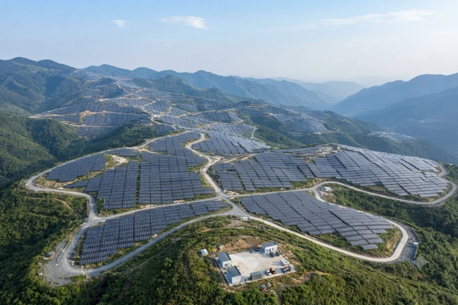 50MW utility-scale mountain ground-mounted solar farm featuring thousands of high-efficiency photovoltaic modules installed across rolling green hills, connected to a high-voltage substation for large-scale grid integration and renewable energy generation by Splendor Energy.