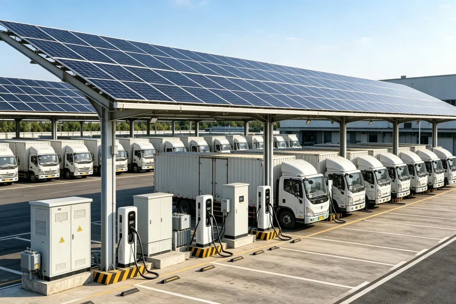 Advanced Photovoltaic-Enabled Electric Vehicle Fleet Depots and High-Capacity Charging Infrastructure featuring Solar PV Canopies, 7kW–22kW AC Chargers, 30kW–1440kW+ DC Fast Charging Systems, Battery Energy Storage System (BESS), Intelligent Energy Management System (EMS), and Smart Microgrid Integration – Splendor Energy