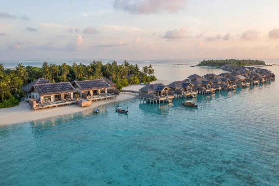 Aerial panorama of a luxury Maldivian overwater villa resort powered by an off-grid coastal microgrid architecture featuring rooftop solar PV systems, battery energy storage, and intelligent energy management solutions with 100kW-1MW+ renewable energy capacity
