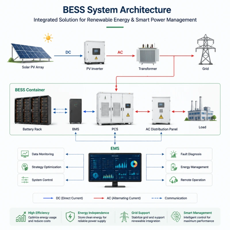 Battery Energy Storage System Architecture Diagram Showing Solar PV PCS LFP Battery Container EMS and Grid Integration for 100kWh to 100MWh+ Commercial Industrial and Utility Scale Energy Storage Solutions by Splendor Energy