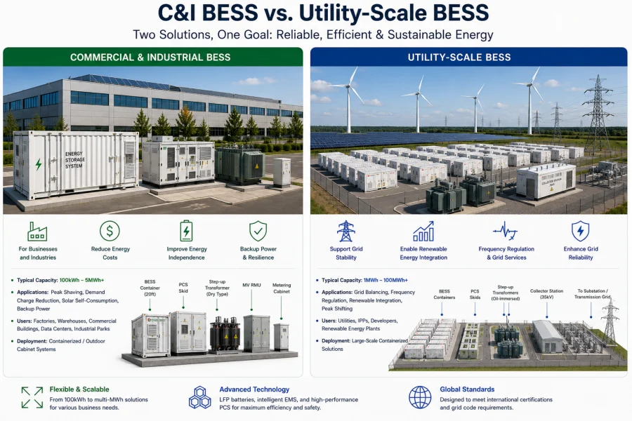 Commercial Industrial BESS and Utility Scale Battery Energy Storage System Comparison from 30kWh to 100MWh+ Capacity for Different Energy Applications by Splendor Energy