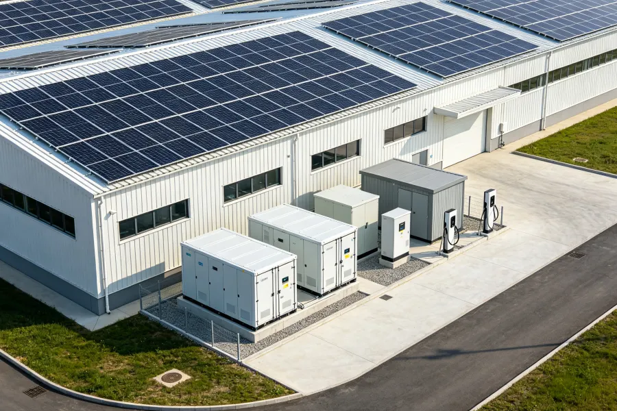 Commercial & Industrial Multi-Megawatt Solar PV Solution featuring rooftop and ground-mounted photovoltaic systems, integrated Battery Energy Storage System (BESS), smart microgrid energy management, MV transformer substations, and distributed renewable energy infrastructure for industrial parks and commercial facilities from 500 kW to 100 MW by Splendor Energy.