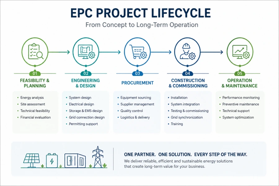 Comprehensive Renewable Energy EPC Solutions and Project Lifecycle Integrating Solar PV, 30kWh+ Battery Energy Storage Systems (BESS), EMS, Microgrid, and Grid Infrastructure