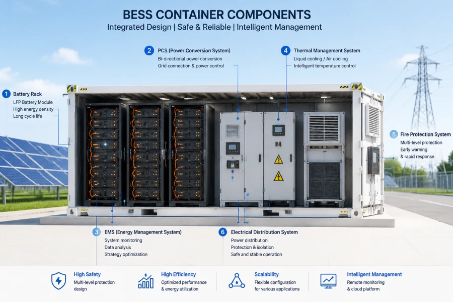 Containerized Battery Energy Storage System Components Including LFP Battery Rack PCS EMS Thermal Management and Fire Protection from 30kWh to 100MWh+ Energy Storage Solutions by Splendor Energy