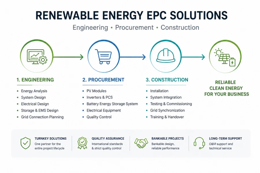 Engineering Procurement Construction EPC Process Flow for Renewable Energy Projects Including Solar PV, 30kWh+ Battery Energy Storage Systems (BESS), EMS, Microgrid Integration, and Commissioning