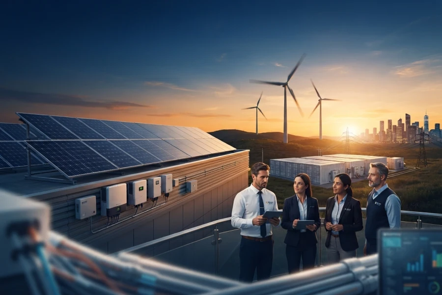 Engineering a resilient global energy future with advanced renewables and integrated infrastructure, showing a professional team reviewing a solar, wind, and battery storage site overlooking a city skyline at sunset.