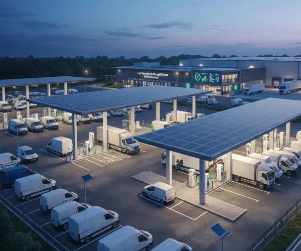 High-power EV fleet charging station integrating Solar PV canopy, Battery Energy Storage Systems (BESS), intelligent Energy Management Systems (EMS), smart microgrid technologies, transformers, and power distribution infrastructure to accelerate logistics fleet electrification, reduce demand charges, lower carbon emissions, and improve operational efficiency for commercial transportation by Splendor Energy.