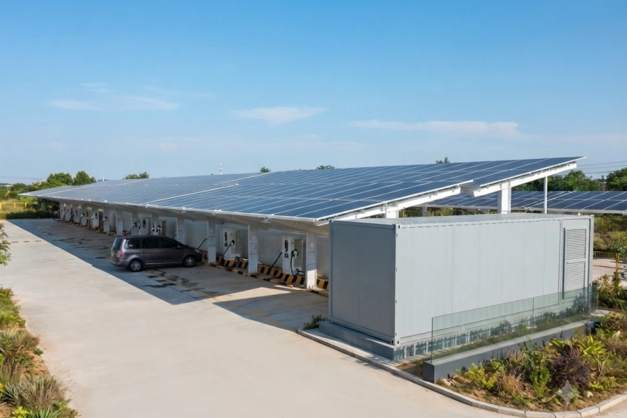 Large-scale commercial complex solar carport system featuring photovoltaic canopy structures, integrated EV charging stations, modern parking facilities, and high-efficiency solar panels, delivering clean energy and green transportation solutions by Splendor Energy.