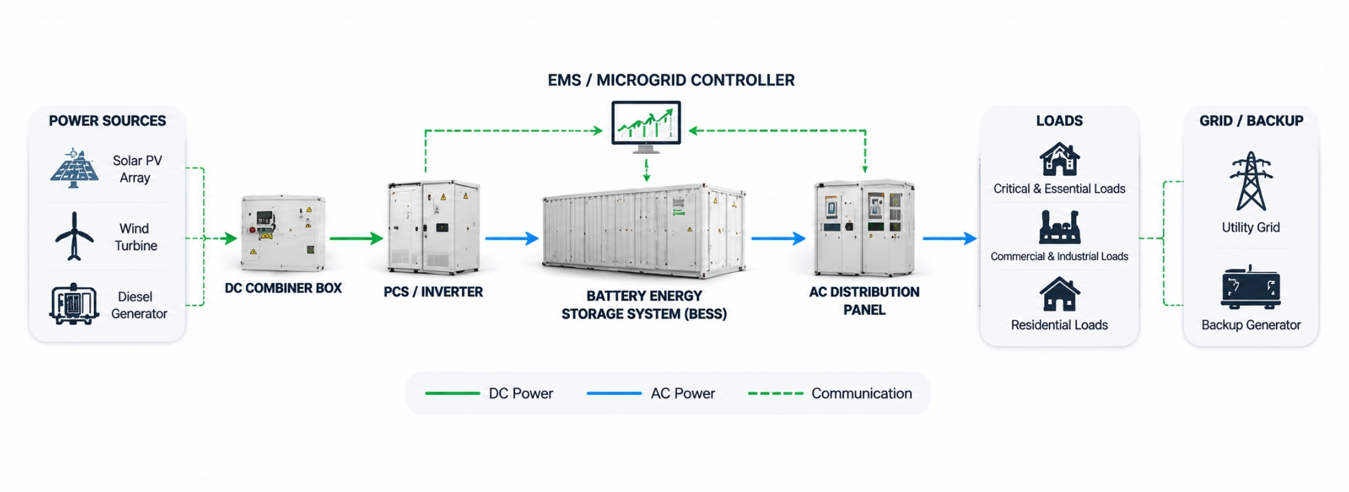 Next-generation off-grid microgrid system architecture integrating multi-energy hybrid renewable generation, advanced battery energy storage system (BESS), intelligent EMS and PCS control, and smart power distribution solutions by Splendor Energy