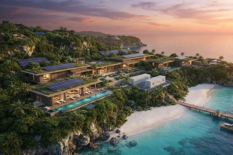 Premium resilient hybrid microgrid power architecture integrating solar PV generation, 100kWh–5MWh+ battery energy storage systems (BESS), intelligent EMS, and hybrid backup power solutions for eco-friendly coastal resorts and hotels by Splendor Energy