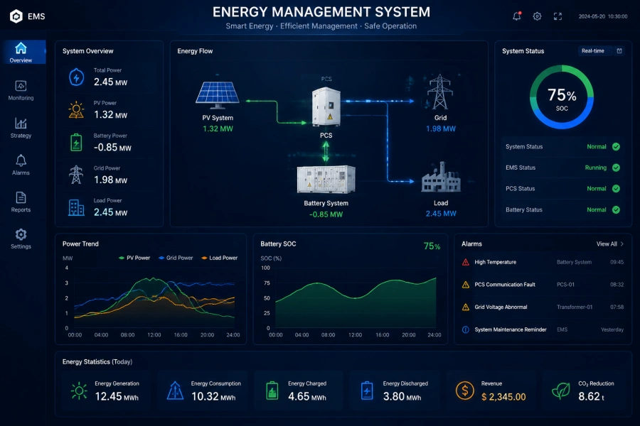 Smart Energy Management System EMS Dashboard for Battery Storage Solar Power and Microgrid Operation Monitoring from 30kWh to 100MWh+ Energy Solutions by Splendor Energy