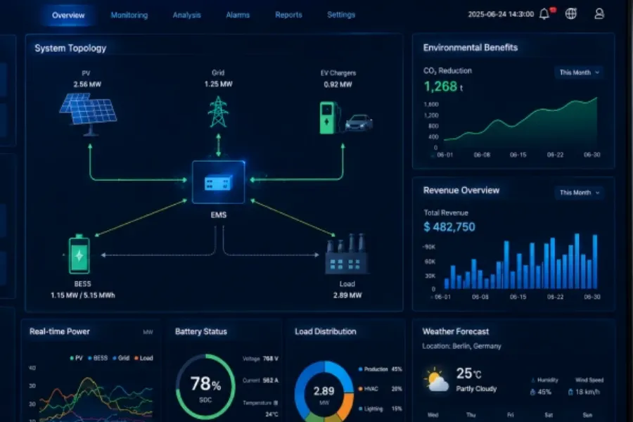 Smart Energy Management System EMS and Remote Monitoring Platform with AI Energy Optimization for Solar PV Battery Storage EV Charging and Microgrid Control
