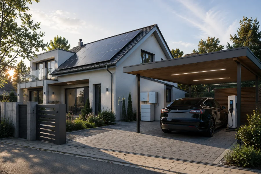 Smart residential solar-plus-storage and EV charging integrated system featuring rooftop solar panels, lithium battery energy storage, hybrid inverter, home energy management system, and DC EV charger, enabling home energy self-sufficiency by Splendor Energy.