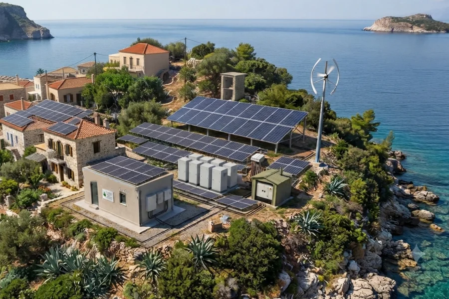 Solar-storage-diesel hybrid microgrid system featuring photovoltaic arrays, containerized LiFePO₄ battery energy storage, diesel generators, intelligent microgrid controllers, and medium-voltage distribution equipment, providing reliable power for remote islands by Splendor Energy.