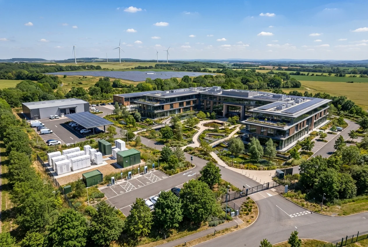 Splendor Energy global renewable energy headquarters campus integrating rooftop solar PV systems, containerized battery energy storage systems (BESS), EV fast charging stations, transformer substations, smart energy management systems and turnkey EPC solutions for commercial and industrial applications.