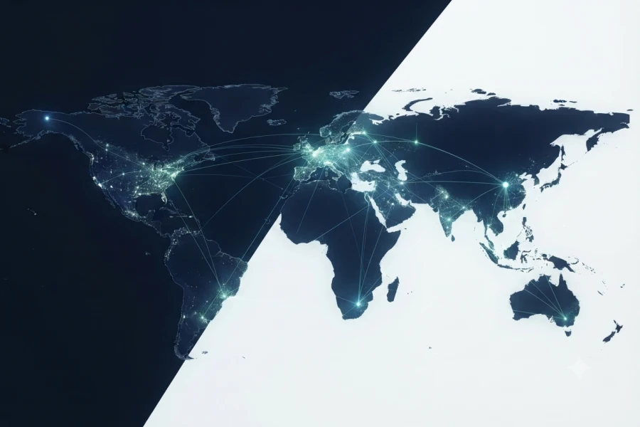 Abstract map visualization of the Splendor Energy global network, showing illuminated renewable energy infrastructure connections across Europe, the Americas, the Middle East, Asia, Africa, and Oceania, highlighting worldwide reach and regional compliance hubs.