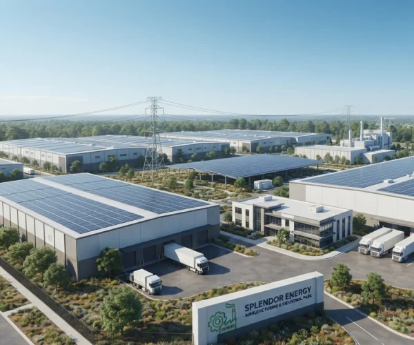 Turnkey industrial microgrid solution integrating Solar PV, Battery Energy Storage Systems (BESS), intelligent Energy Management Systems (EMS), transformers, substations, and smart power distribution to ensure uninterrupted factory operations, energy optimization, peak demand management, and ISO 50001 energy management compliance for advanced manufacturing facilities by Splendor Energy.