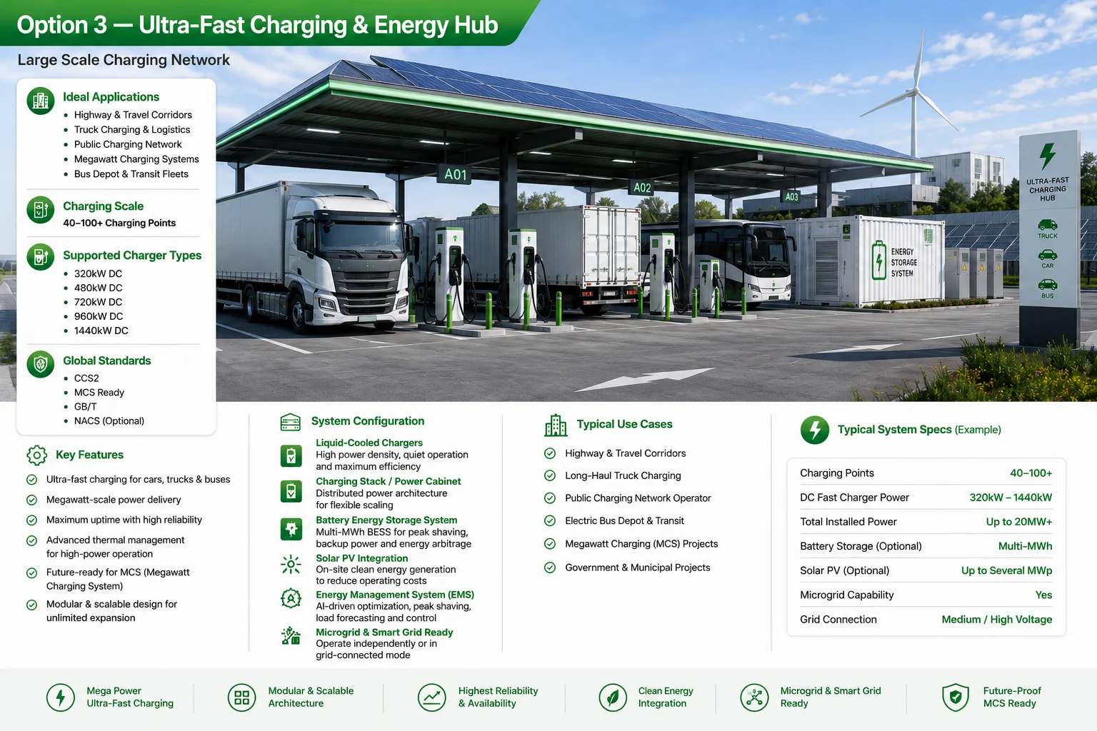 Utility-scale ultra-fast EV charging hub featuring scalable infrastructure from 320kW to 1440kW, integrated multi-MWh Battery Energy Storage Systems (BESS), liquid-cooled high-power charging, charging power cabinets, and MCS-ready technology for highway, fleet, bus, and heavy-duty electric vehicle applications.
