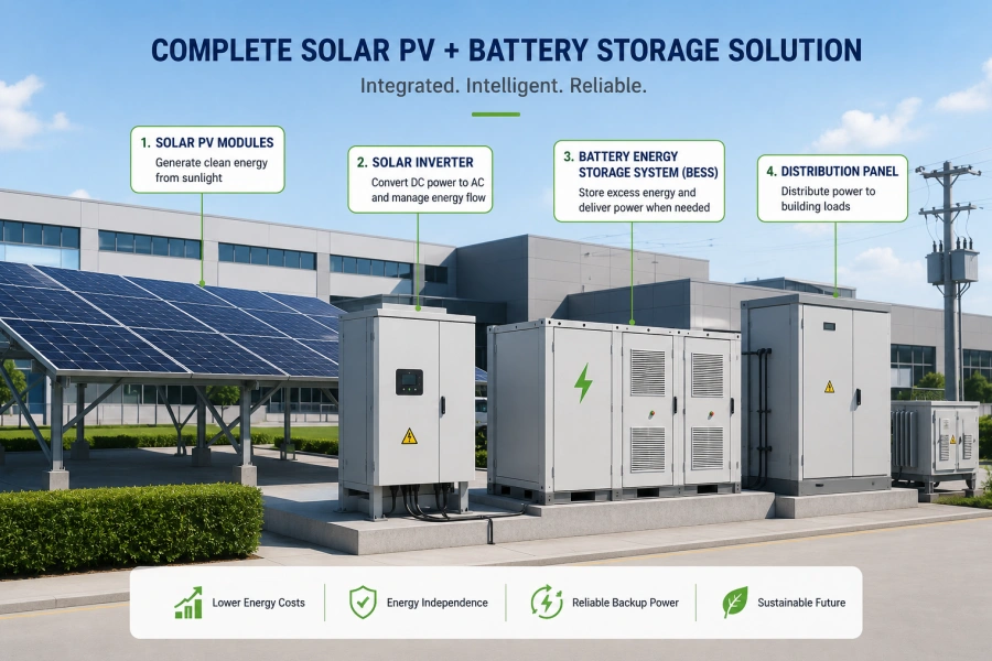 Commercial Solar Battery Storage System Architecture Showing Solar PV Modules, Inverter, 30kWh+ Battery Energy Storage System (BESS), EMS, Grid Connection, and Building Energy Management