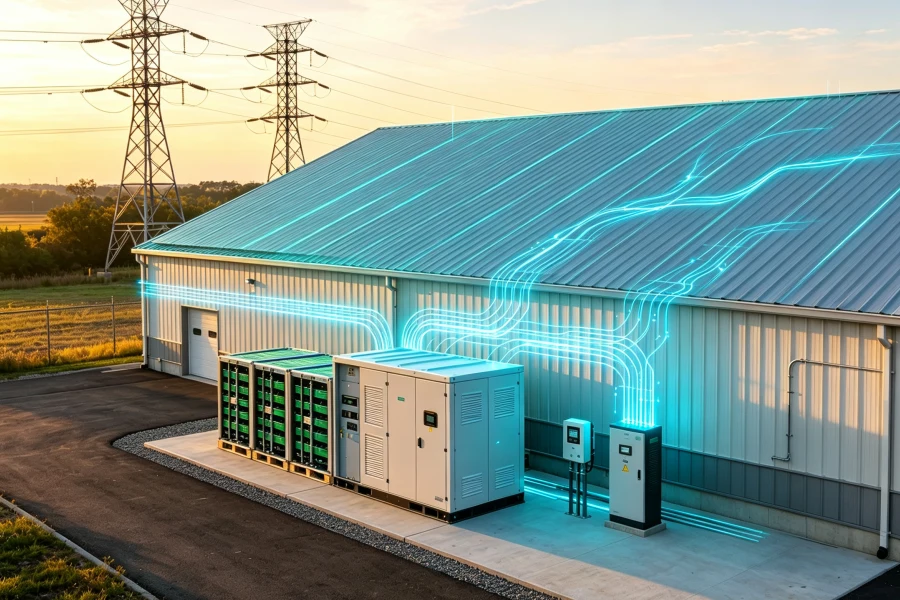 Industrial BESS Container Solution Integrated with Commercial Microgrid Infrastructure, Solar PV Generation, 30kWh+ Battery Storage, EMS Control, and Renewable Energy Management
