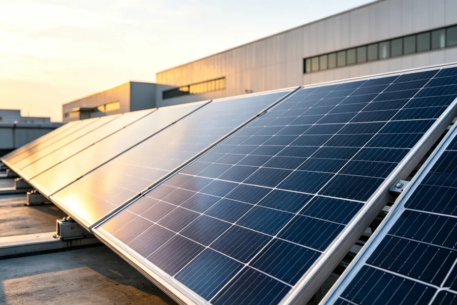 Large Scale Commercial Rooftop Solar Panel Array Facing South for Solar PV Generation and Renewable Energy Solutions in Business Facilities